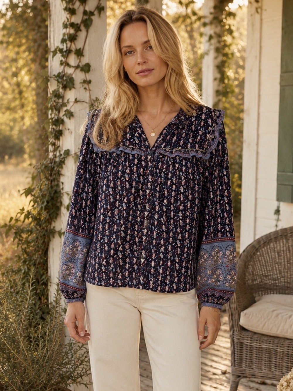 Joie Floral Cotton Peasant Blouse Navy Ruffle Yoke XL